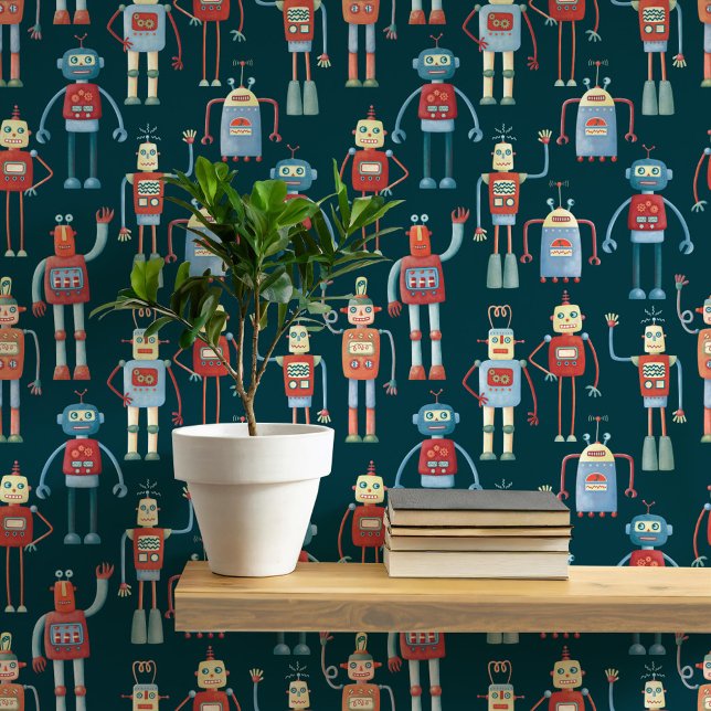 Papel Pintado Patrón de robot divertido Verde Verde azulado (Fun robot pattern teal green wallpaper for nursery and kids room decor)