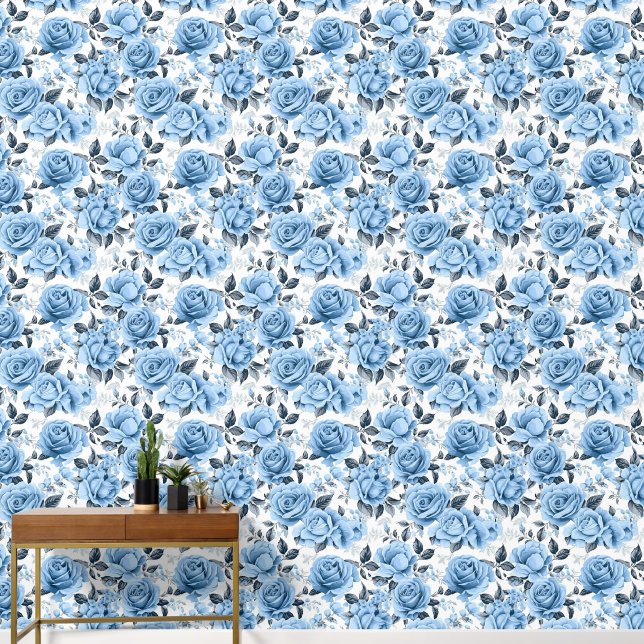 Papel Pintado Patrón de rosas blancas azules (Pasillo)