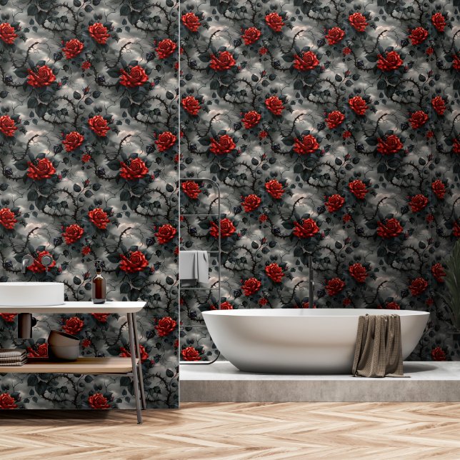 Papel Pintado Patrón de rosas rojas góticas (Baño)