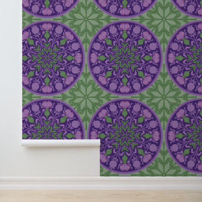 Papel Pintado Patrón de silbido Art Nouveau en morado y verde (Solicitud)