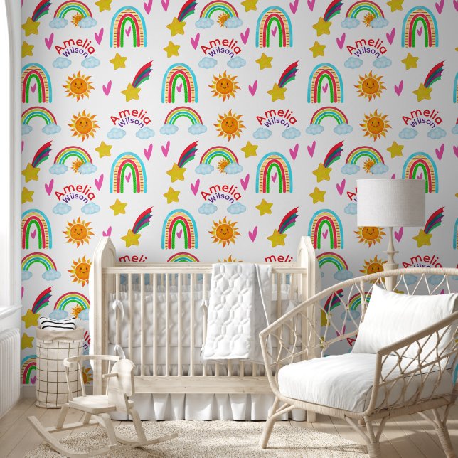 Papel Pintado Patrón de sol de estrella de arco iris boho lindo  (Niños)