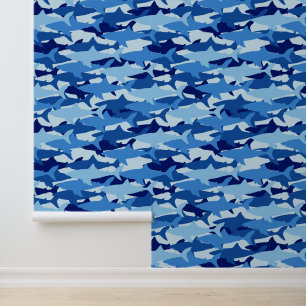 Papel Pintado Patrón de tiburón azul   Monograma