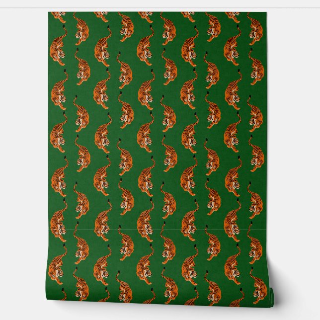 Papel Pintado Patrón de tigre con fondo verde (Desenrollar)