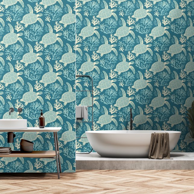 Papel Pintado Patrón de tortuga azul del mar verde (Baño)