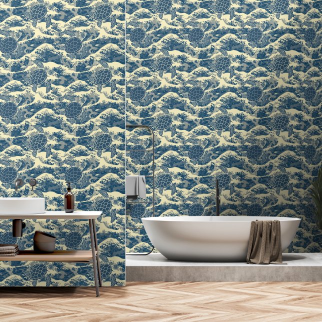 Papel Pintado Patrón De Tortuga Y Ondas Marinas (Baño)
