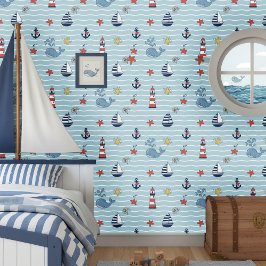 Papel Pintado Patrón de velero, ola y ballena ID1228