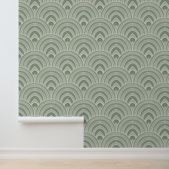 Papel Pintado Patrón de ventilador Art Deco Verde sabio (Solicitud)