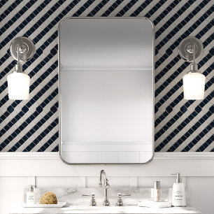 Papel Pintado Patrón Diagonal de Mosaico Azul Marino y Blanco