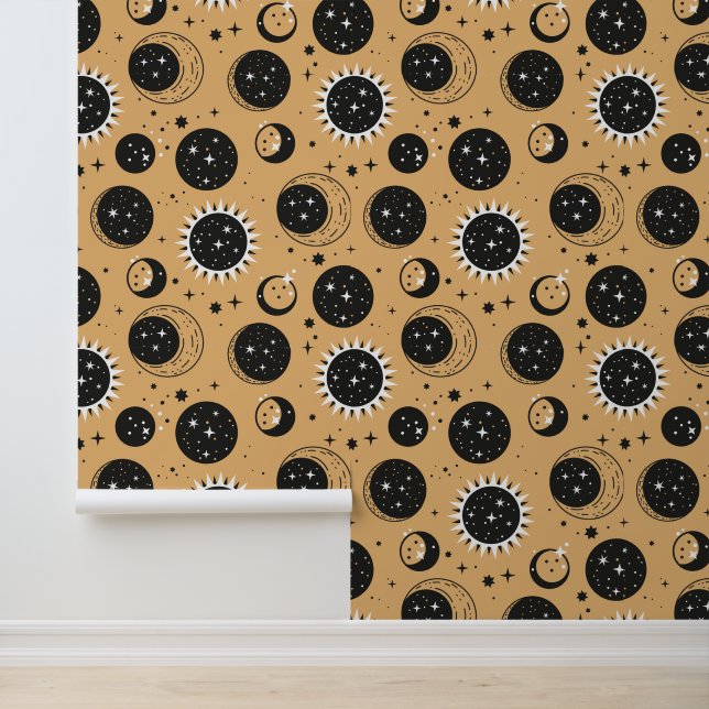 Papel Pintado Patrón dorado de sol luna estrellas celestiales mí (Solicitud)