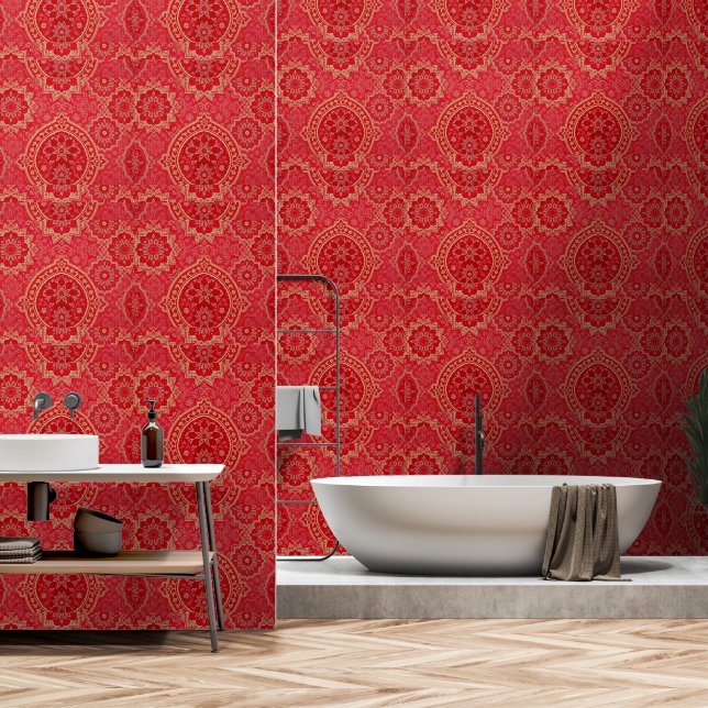 Papel Pintado Patrón dorado rojo ORIENTAL - (Baño)