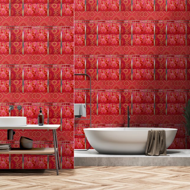 Papel Pintado Patrón dorado rojo ORIENTAL - (Baño)