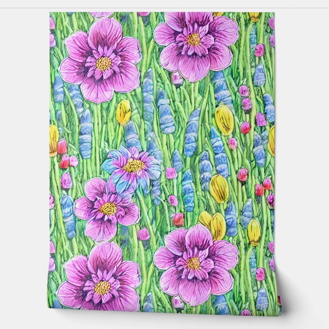 Papel Pintado Patrón elegante dibujado a mano de hermosas flores (Desenrollar)