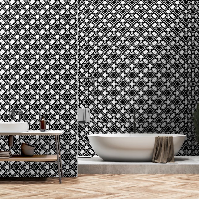 Papel Pintado Patrón entrelazado Art Déco blanco y negro (Baño)