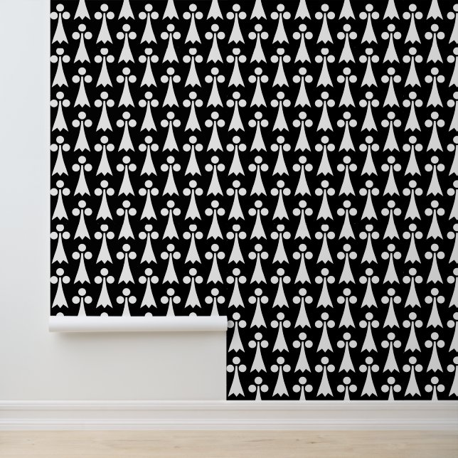 Papel Pintado Patrón Ermine, patrón medieval, blanco sobre negro (Solicitud)