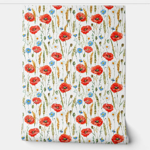 Papel Pintado Patrón esquematizado de flores rojas de amapola,