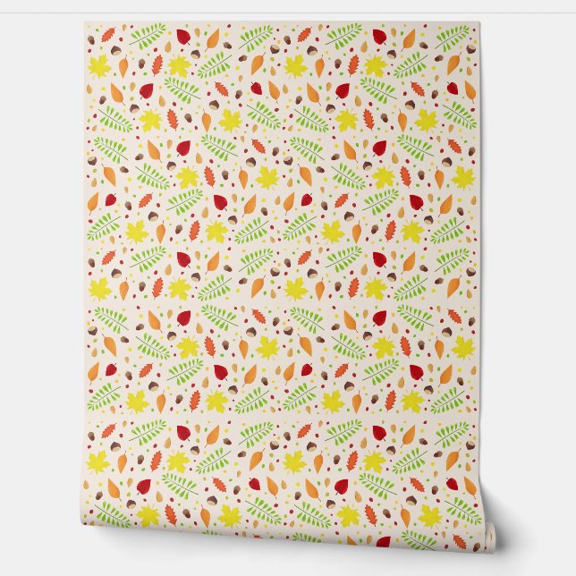 Papel Pintado Patrón estético de caída con hojas de otoño y nuec (Desenrollar)