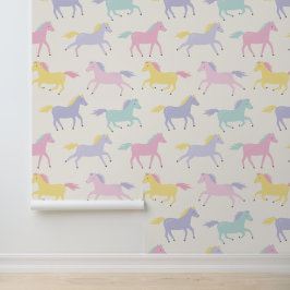 Papel Pintado Patrón estilizado de caballos pastel en crema