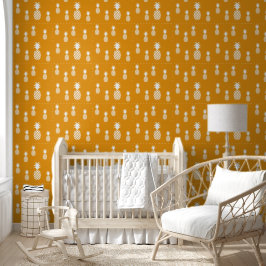 Papel Pintado Patrón exótico de piña amarillo ámbar blanco
