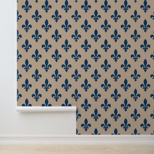 Papel Pintado Patrón Fleur de Lis, azul francés real en crema