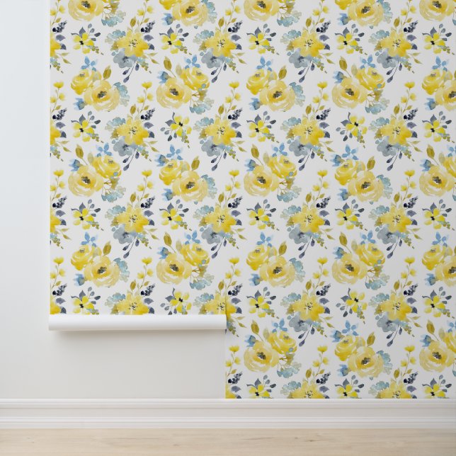 Papel Pintado Patrón floral amarillo acuarela