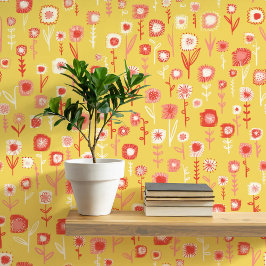 Papel Pintado Patrón floral amarillo retro divertido