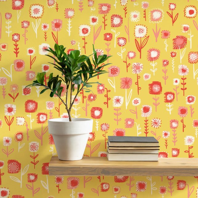 Papel Pintado Patrón floral amarillo retro divertido (Retro yellow and pink floral ditsy fun peel and stick wallpaper)