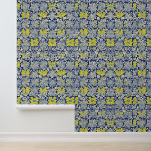 Papel Pintado Patrón floral amarillo y blanco sobre azul marino