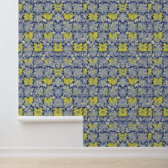 Papel Pintado Patrón floral amarillo y blanco sobre azul marino (Solicitud)