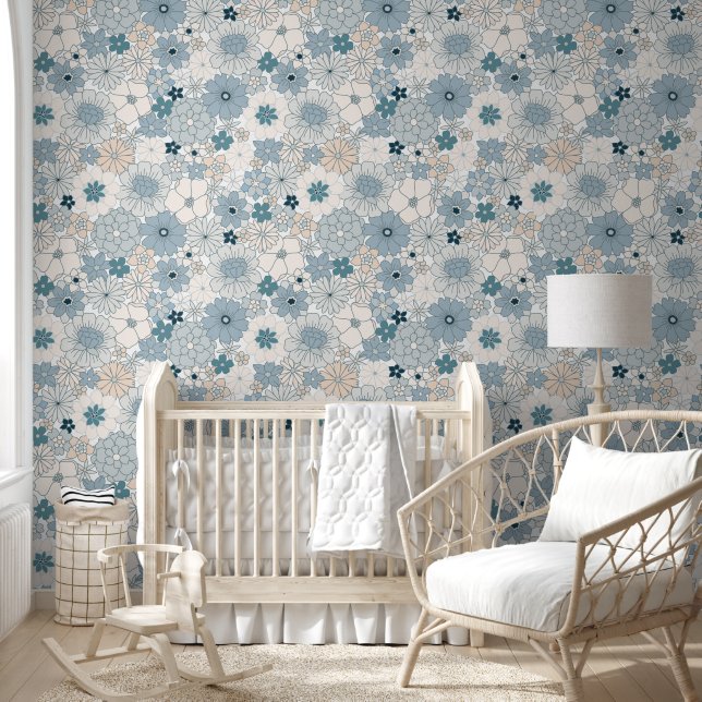 Papel Pintado Patrón floral azul boho Groovy sin costuras (Niños)