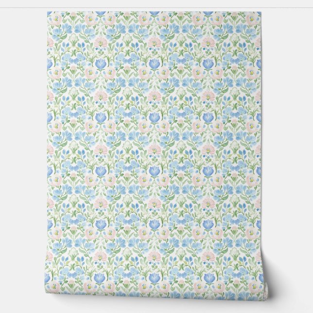 Papel Pintado Patrón floral azul rosa (Desenrollar)