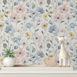 Papel Pintado Patrón floral azul rosa pastel