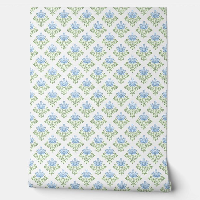 Papel Pintado Patrón floral azul verde pastel (Desenrollar)
