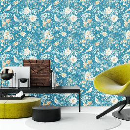 Papel Pintado Patrón Floral Azul y Aves