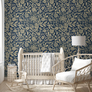 Papel Pintado Patrón floral azul y dorado vintage