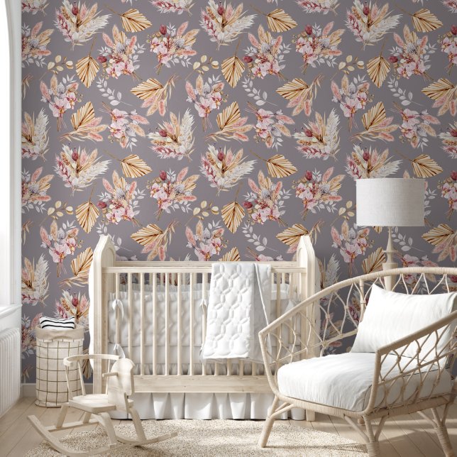 Papel Pintado Patrón floral beige rosa de pampas (Niños)