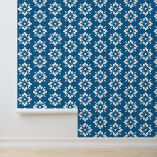 Papel Pintado Patrón floral blanco en azul