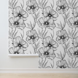 Papel Pintado Patrón floral blanco y negro botánico moderno