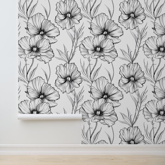 Papel Pintado Patrón floral blanco y negro botánico moderno (Solicitud)