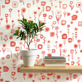 Papel Pintado Patrón floral blanco y rosa retro divertido