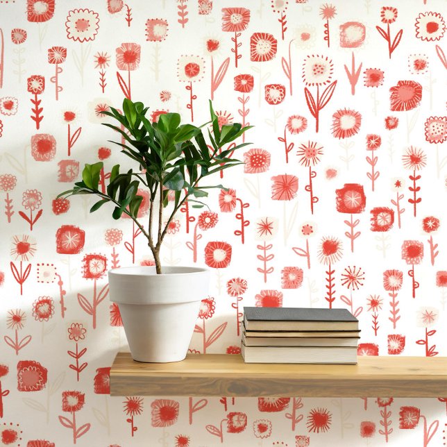 Papel Pintado Patrón floral blanco y rosa retro divertido (Retro groovy floral pink and white wildflower pattern peel and stick wallpaper)