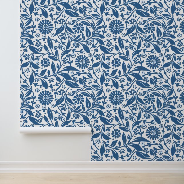 Papel Pintado Patrón floral Bonito azul blanco aspecto antiguo (Solicitud)