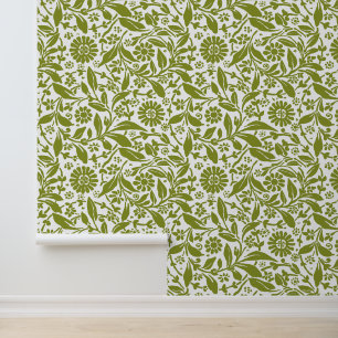 Papel Pintado Patrón floral Bonito Blanco Verde Aspecto Antiguo
