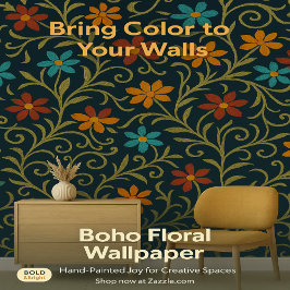 Papel Pintado Patrón floral bordeado de colores sobre azul oscur