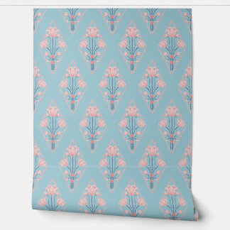 Papel Pintado Patrón floral botánico azul rosa Art Nouveau