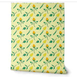 Papel Pintado Patrón floral con flores de rosa amarilla y tulipá