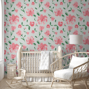 Papel Pintado Patrón floral de acuarela suave peonías rosadas