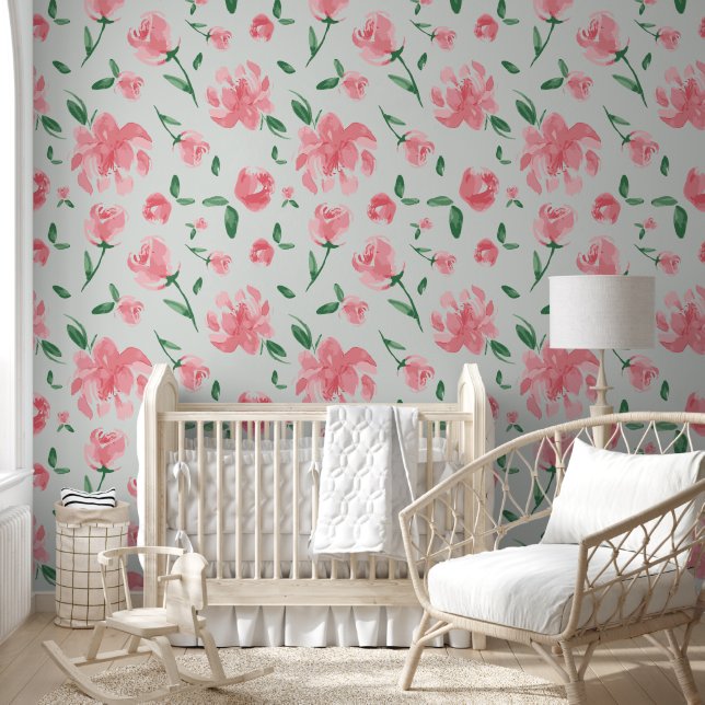 Papel Pintado Patrón floral de acuarela suave peonías rosadas (Niños)