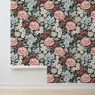 Papel Pintado Patrón floral de amapolas rojas al acuarela vintag
