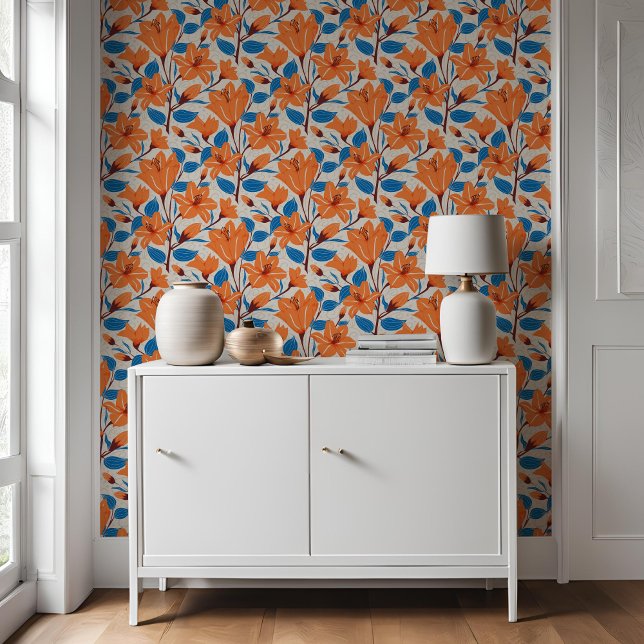 Papel Pintado Patrón floral de Blue Lily, Naranja Botánico (Subido por el creador)