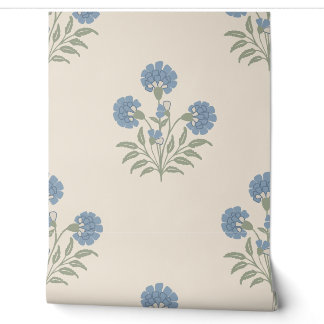 Papel Pintado Patrón floral de caléndula azul sobre fondo crema 